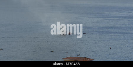 Costa Adeje, Tenerife. 10th Feb, 2018. A boat is seen on fire in Costa Adeje, Tenerife. Credit: Dave Baxter/Alamy Live News. Stock Photo
