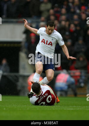 London, UK. 10th Feb, 2018. Jan Vertonghen (TH) Shkodran Mustafi (A) at the English Premier League football match between Tottenham Hotspur v Arsenal at Wembley Stadium, London, on February 10, 2018. **THIS PICTURE IS FOR EDITORIAL USE ONLY** Credit: Paul Marriott/Alamy Live News Stock Photo