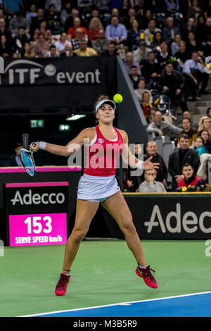 February 10, 2018: Bianca Andreescu (CAN)   during the FED Cup by BNP 2018 game between Romania and Canada at Sala Polivalenta, Cluj-Napoca,  Romania ROU. Copyright: Cronos/Catalin Soare Stock Photo