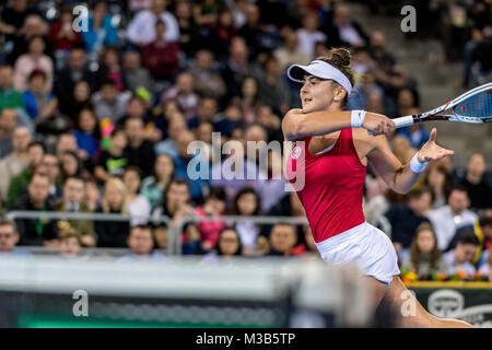 February 10, 2018: Bianca Andreescu (CAN)   during the FED Cup by BNP 2018 game between Romania and Canada at Sala Polivalenta, Cluj-Napoca,  Romania ROU. Copyright: Cronos/Catalin Soare Stock Photo