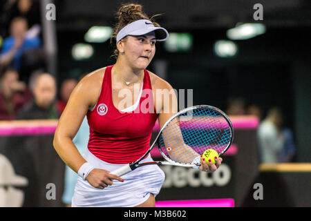 February 10, 2018: Bianca Andreescu (CAN)   during the FED Cup by BNP 2018 game between Romania and Canada at Sala Polivalenta, Cluj-Napoca,  Romania ROU. Copyright: Cronos/Catalin Soare Stock Photo