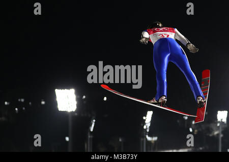 Pyeongchang, South Korea. 10th Feb, 2018. Germany's Karl Geiger competes in the men's normal hill individual ski jumping competition on day one of the Pyeongchang 2018 Winter Olympics games in Pyeongchang, South Korea, 10 February 2018. Credit: Daniel Karmann/dpa/Alamy Live News Stock Photo