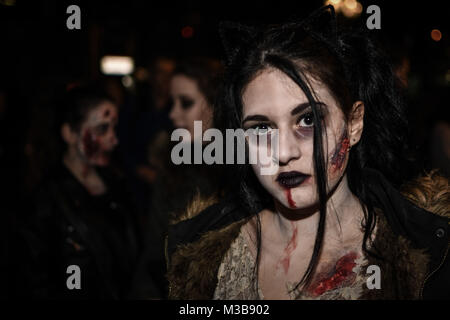 Athens, Greece. 10th Feb, 2018. A woman seen dressed and used make-up to look like zombies take part in the event.People dressed up as zombie took to the streets of Athens for the ''Zombie Walk Athens 2018' Credit: Nikolas Joao Kokovlis/SOPA/ZUMA Wire/Alamy Live News Stock Photo