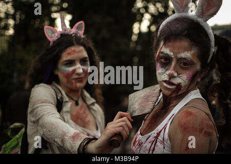 Athens, Greece. 10th Feb, 2018. Women seen dressed and used make-up to look like zombies take part in the event.People dressed up as zombie took to the streets of Athens for the ''Zombie Walk Athens 2018' Credit: Nikolas Joao Kokovlis/SOPA/ZUMA Wire/Alamy Live News Stock Photo