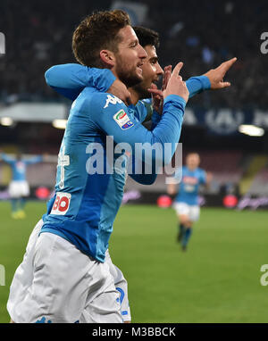 Naples, Italy. 10th Feb, 2018. Napoli's Dries Mertens (front) celebrates scoring during a Serie A soccer match between Napoli and Lazio in Naples, Italy, Feb. 10, 2018. Napoli won 4-1. Credit: Alberto Lingria/Xinhua/Alamy Live News Stock Photo