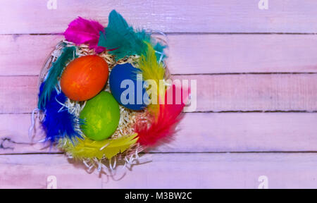 colored easter eggs and nests with colored feathers Stock Photo