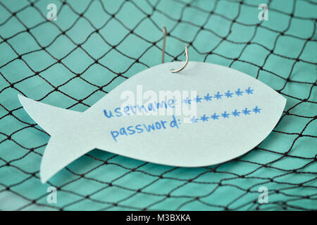 Username and password written on a paper note in the shape of a fish attached to a hook - Phishing and internet security concept Stock Photo