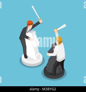 Flat 3d isometric two businessmen riding horse chess and fighting each other. Business competition concept. Stock Vector