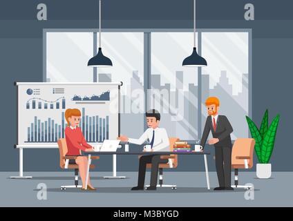 Businessman working and in the open space office. Teamwork and coworking center concept. Stock Vector