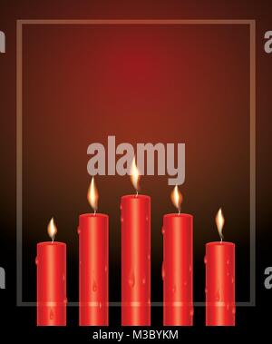 Realistic Red Glowing Candles with Melted Wax and Frame. Vector Illustration. Stock Vector