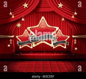 Red Stage Curtain with Three Stars, Seats and Copy Space. Vector illustration. Theater, Opera or Cinema Scene. Light on a Floor. Stock Vector