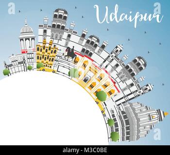 Udaipur India City Skyline with Color Buildings, Blue Sky and Copy Space. Vector Illustration. Stock Vector