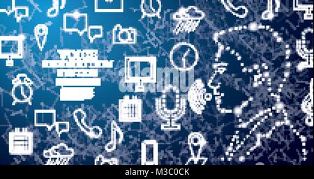 Voice Recognition Assistance System Concept with Neon Icons. Vector Illustration. Man Face. Speech Recognition Symbol. Stock Vector