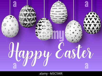Happy Easter. Set of white pending easter eggs with different simple ornaments on purple background. Stock Vector