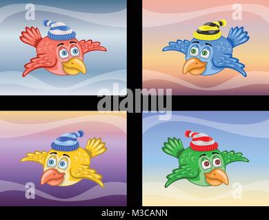 Cartoon Bird With Hat on Different Sky Colors. Birds and backgrounds are in different layers. Stock Vector