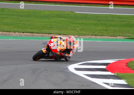 Marc Marquez exiting Vale corner during Friday Free Practice at the MotoGP British Grand Prix 2016 Stock Photo