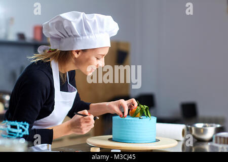 A confectioner woman decoration a cake  in kitchen. Stock Photo