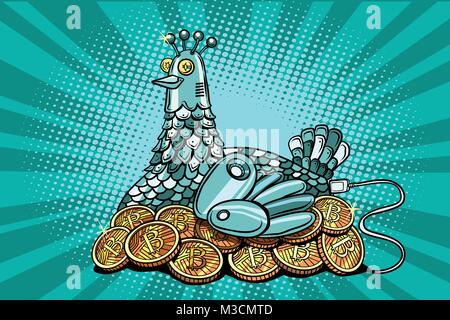 The hen incubates electronic money bitcoin. Comic cartoon pop art illustration retro vintage kitsch vector Stock Vector