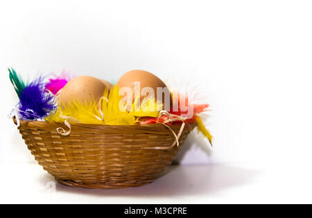 colored easter eggs and nests with colored feathers Stock Photo