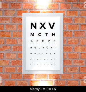 Measurement table of sight. Framework hanging on a brick wall. View examination. Letters in block letters. Eye test. Visual Acuity Stock Photo