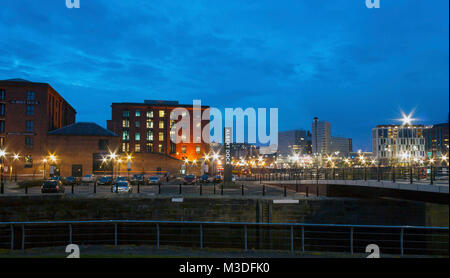 Liverpool, Merseyside, UK - February 20, 2009: Night scene of Albert Dock buildings and the skyline of Liverpool Stock Photo