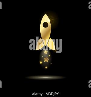 icon golden space rocket with stars on a black background Stock Vector