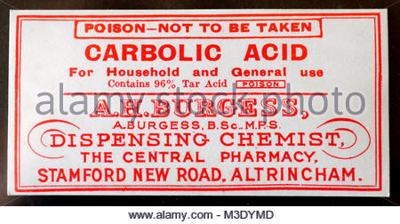 Vintage Chemist labels for Medicine bottles early 1900s  - Carbolic Acid Stock Photo