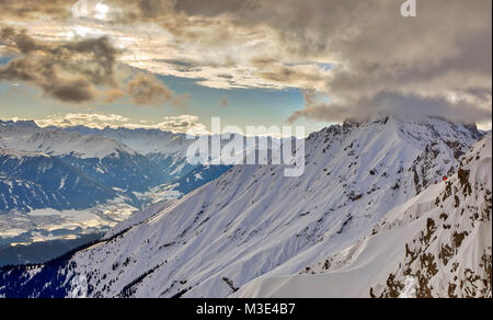 INNSBRUCK, AUSTRIA - JANUARY 26: (EDITORS NOTE: This HDR image has been digitally composited.) The Mount Seegrube is seen from Mount Hafelekar on January 26, 2018 in Innsbruck, Austria. Stock Photo