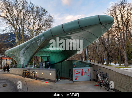 INNSBRUCK, AUSTRIA - JANUARY 26: (EDITORS NOTE: Exposure latitude of this image has been digitally increased.) The station of the Hungerburgbahn (Hungerburg Funicular) is seen at the Rennweg on January 26, 2018 in Innsbruck, Austria. The new Hungerburg Funicular was designed by star architect Zaha Hadid and was officially opened in 2007 Stock Photo