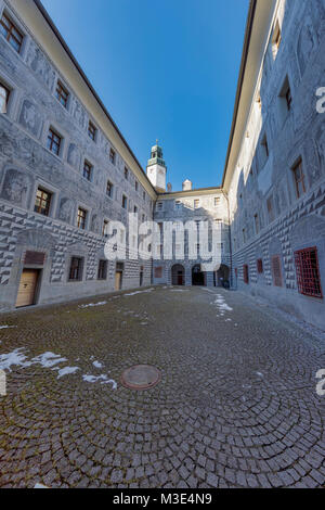 INNSBRUCK, AUSTRIA - JANUARY 27: (EDITORS NOTE: Exposure latitude of this image has been digitally increased.) The courtyard of the Ambras Castle (in German: Scloß Ambras) is seen on January 27, 2018 in Innsbruck, Austria. Stock Photo