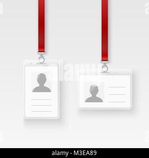 Identification personal plastic id card. Empty ID badge design with clasp and lanyard. Vector illustration isolated on transparent background Stock Vector