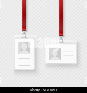 Identification personal blank, plastic id cards set with clasp and lanyard. Empty ID plastic card design. Vector illustration isolated on transparent  Stock Vector