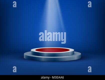 Empty scene is lit by light from a spotlight on a blue background. Spotlight shine on pedestal. Vector illustration Stock Vector