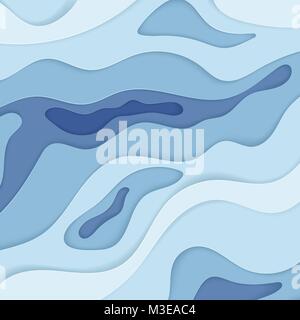 Abstract blue wavy paper 3d diffusive level element for design banner, poster and brochure. 3d papercut decoration textured with curved layers. Vector Stock Vector