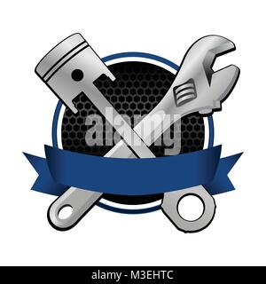 Blue Colored Ribbon Wrench And Piston Cross Racing Emblem Vector Object Graphic Illustration Design Stock Vector
