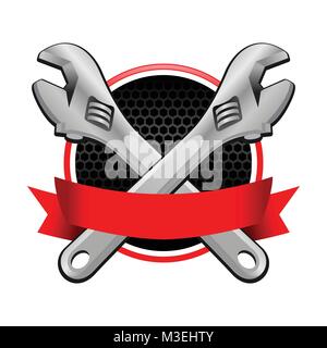 Double Wrench Cross Garage Emblem With Red Colored Ribbon Vector Object Graphic Illustration Design Stock Vector
