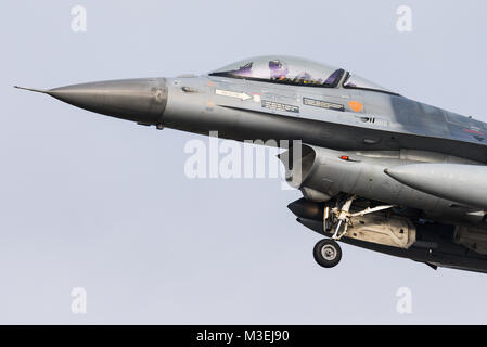 A F-16 fighter jet of the Belgian Air Force is ready to land at the Kleine Brogel Air Base in Belgium. Stock Photo