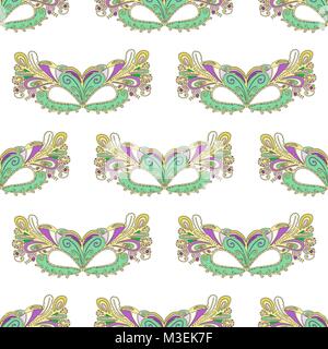 Mardi Gras carnival mask with colorful feathers. Seamless pattern Stock Vector