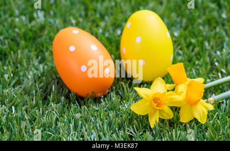 Easter concept. Decorated eggs and yellow narcissus on green grass, close up view Stock Photo