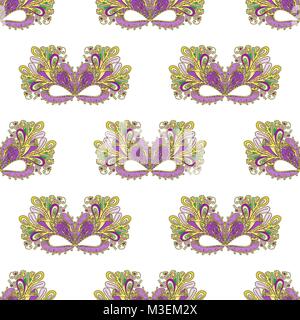 Mardi Gras carnival mask with colorful feathers. Seamless pattern Stock Vector