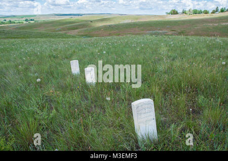 Crow Agency, MT - July 6, 2010: Markers show where US Soldiers fell during the Battle of Little Bighorn. Stock Photo