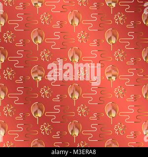 Japan fan gold on red jewel color background. Stock Vector