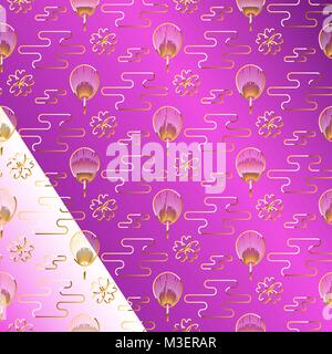 Japan fan gold on purple jewel color background. Stock Vector