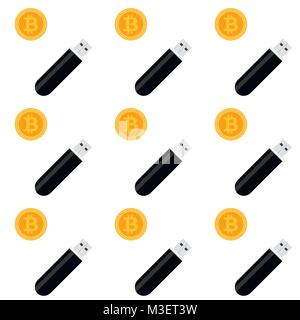 Bitcoin storage seamless pattern. Vector money bitcoin and usb stick flash driver illustration Stock Vector