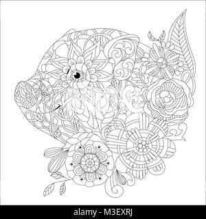 Piggy with flowers coloring book for adults vector Stock Vector