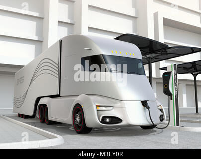 Electric truck charging at charging station. 3D rendering image. Stock Photo