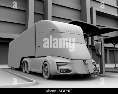 Clay model rendering of electric truck charging at charging station. 3D rendering image. Stock Photo