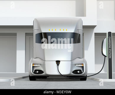 Front view of electric truck charging at charging station. 3D rendering image. Stock Photo