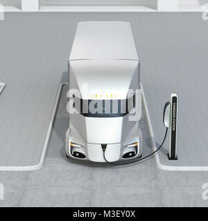 Front view of black electric truck charging at charging station. 3D rendering image. Stock Photo