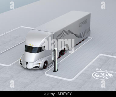 Self-driving electric truck charging at charging station. 3D rendering image. Stock Photo